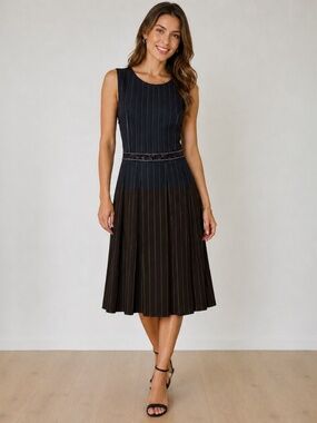Sophie Theallet Wool Pinstripe Pleated Knee Length Dress Blue Sleeveless Size 6